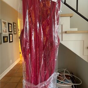 Elegant Red Gown by Bronx and Banco. Feather sleeves so gorg.